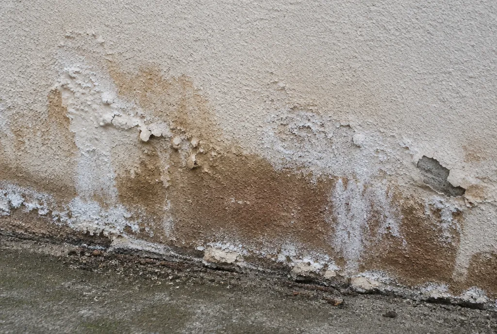 Stucco wall near the ground with brown water staining, white mineral deposits and peeling paint